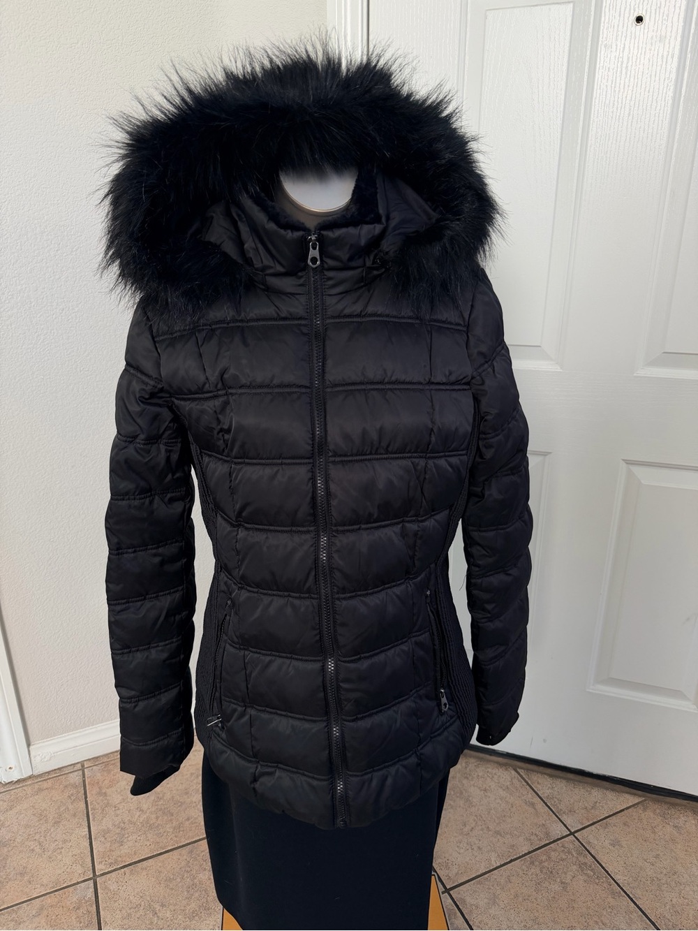 Nautica Black Quilted Hooded Puffer with Faux Fur Trim